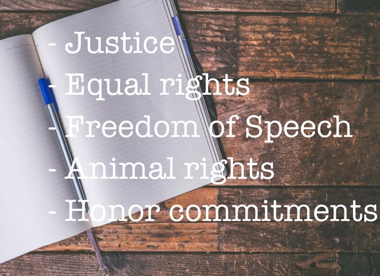 An example list of items that describe your core values, views, and beliefs