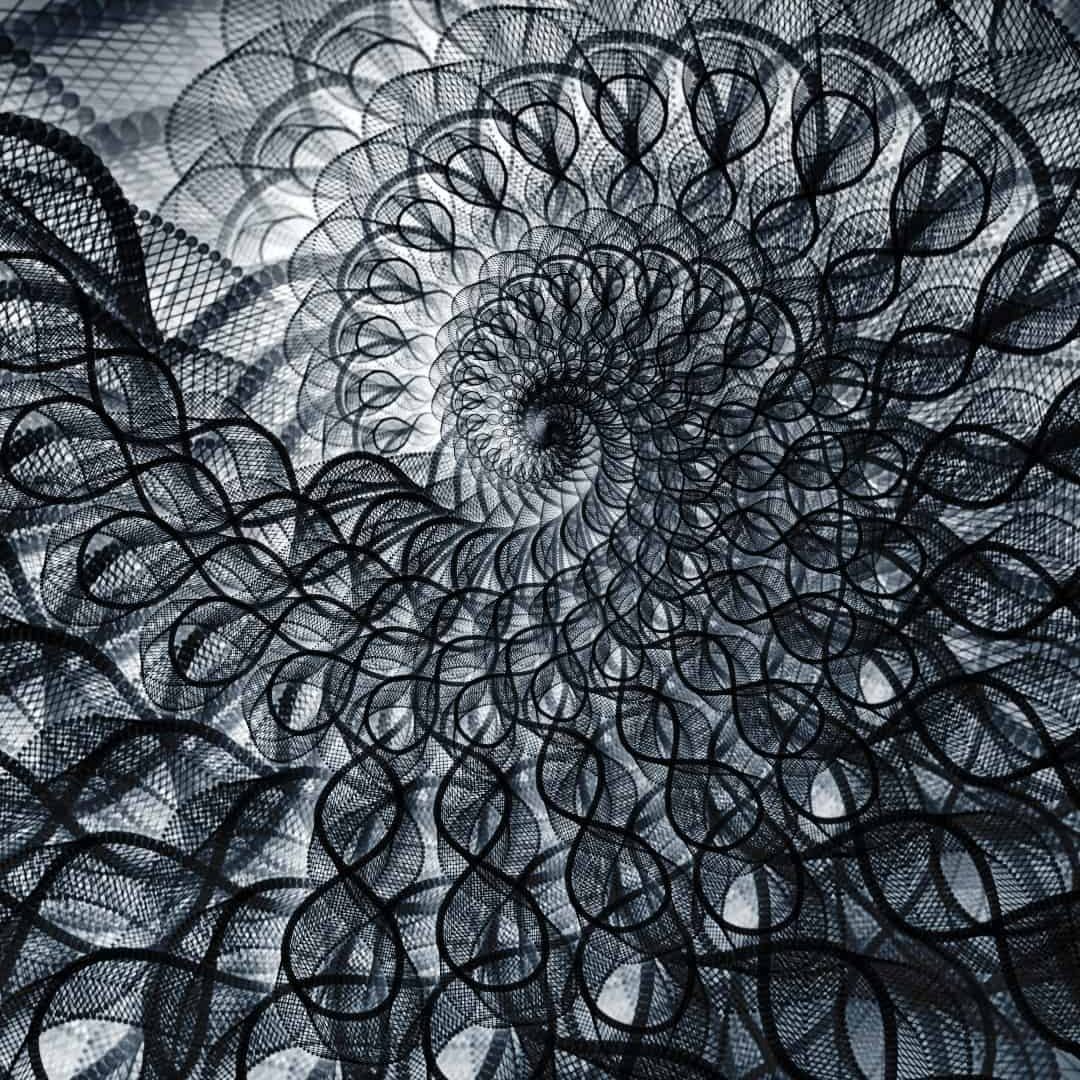 Black and white spirals coming together to a point in the center