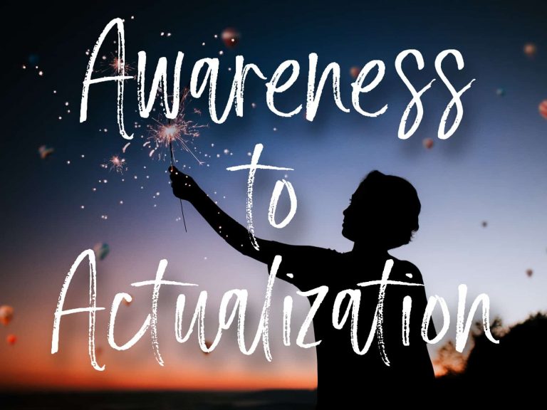 A person standing outside holding a sparkler in the night sky with the words "Awareness to Actualization"
