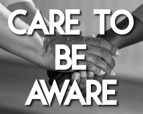 "Care to be aware" mantra over picture of two people holding hands