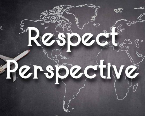 "Respect perspective" over a picture of a plane on top of a chalk world map