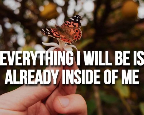A person holding a flower with a butterfly on it with the mantra, "Everything I will be is already inside of me"